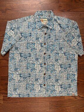 RuffHewn Men’s Large Blue Hawaiian Shirt Linen Rayon Tropical Tiki Button Up